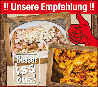 Nur in den Sommermonaten! Kerscher's Hausgemachte Fleischs&uuml;lze: mit Bratkartoffeln &euro; 6,00, mit Brot &euro; 4,50, zum Mitnehmen &euro; 1,40/100g