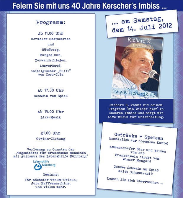 Das Programm f&uuml;r unsere Jubil&auml;ums-Feier am 14. Juli 2012